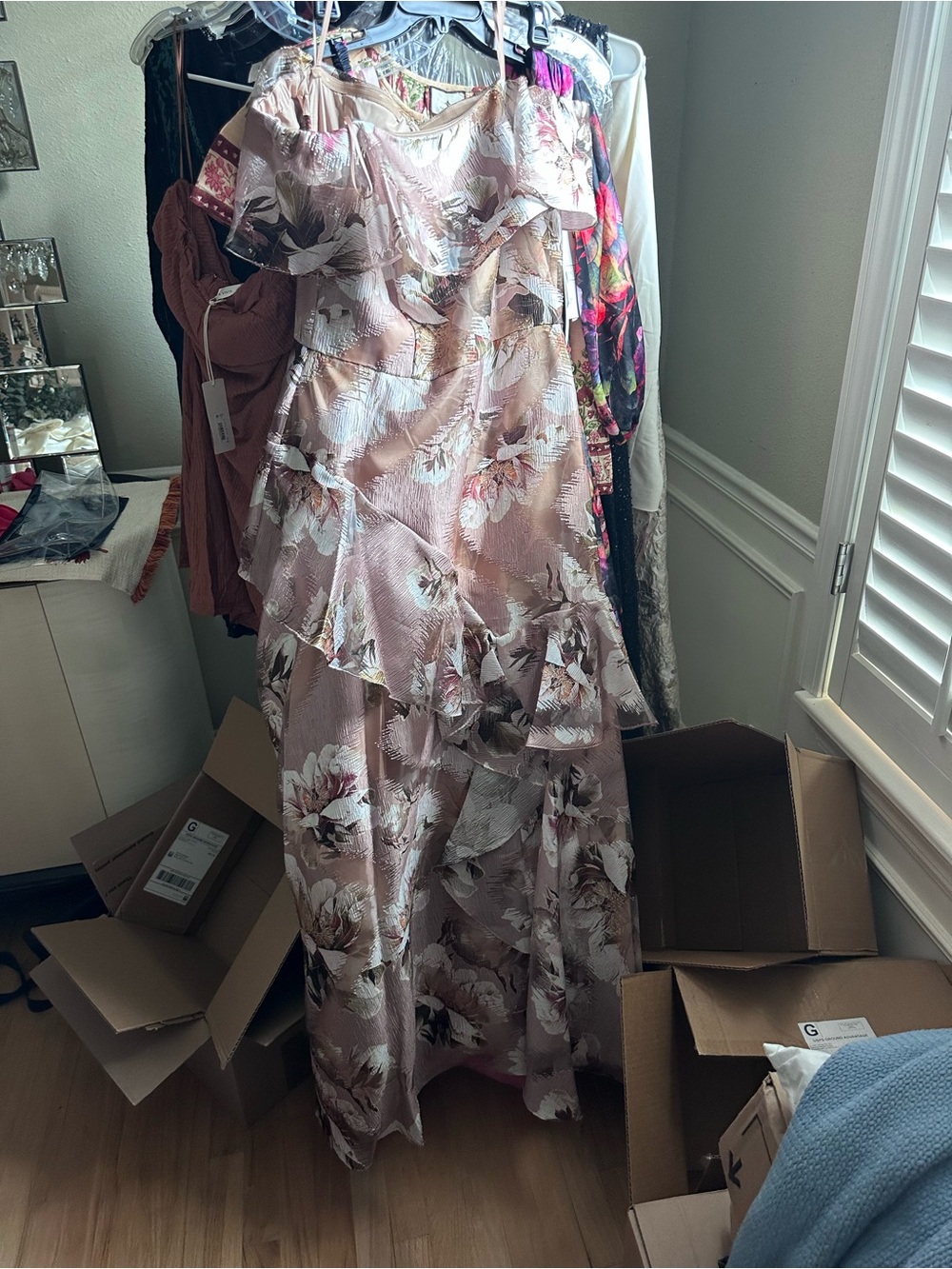 Aidan Mattox Dusty Pink Floral Ruffle Maxi Dress